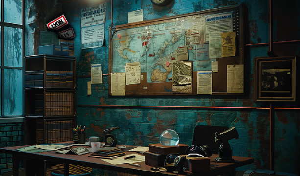 Bureau ancien avec carte murale, dossiers, téléphone rétro et lampe sur un bureau en bois.