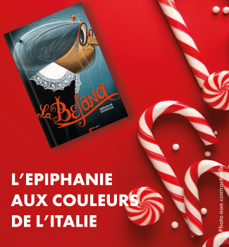 Affiche du film La Befana sur fond rouge avec des sucres d’orge.