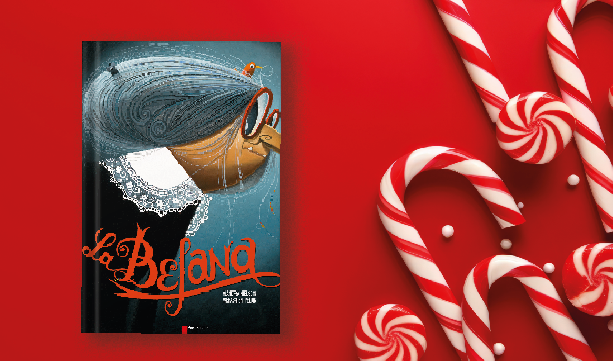 Affiche du film La Befana sur fond rouge avec des sucres d’orge.