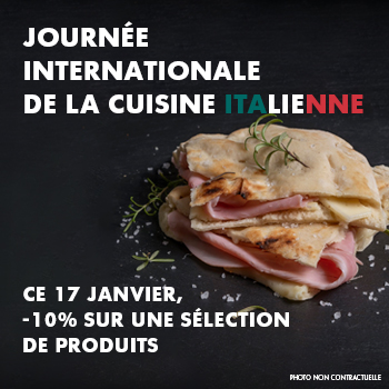 Annonce promotionnelle pour la Journée de la cuisine italienne avec focaccia au jambon.