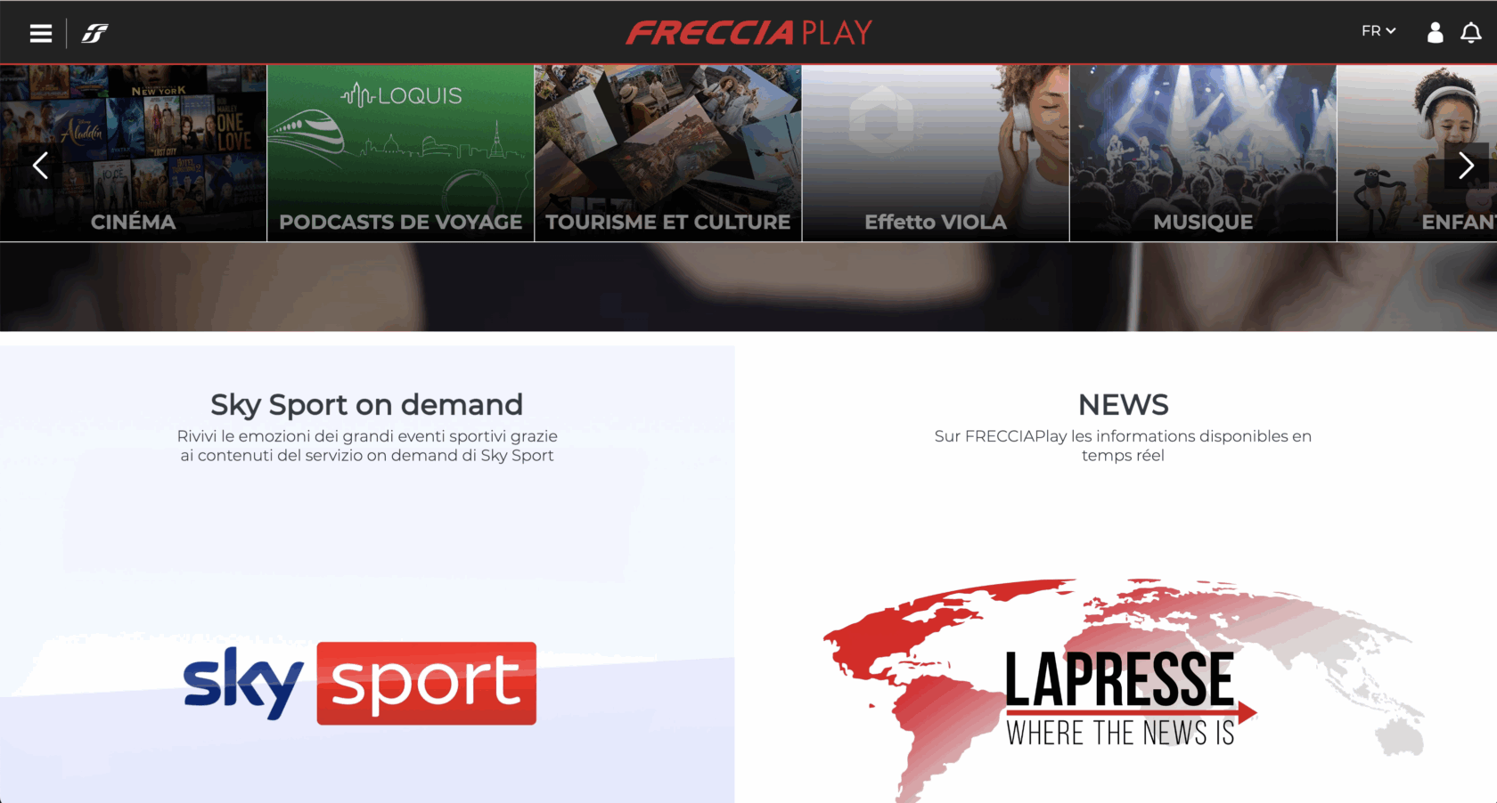 Interface de FrecciaPlay, la plateforme de divertissement à bord des trains Trenitalia, avec cinéma, musique, podcasts et actualités Sky Sport et LaPresse