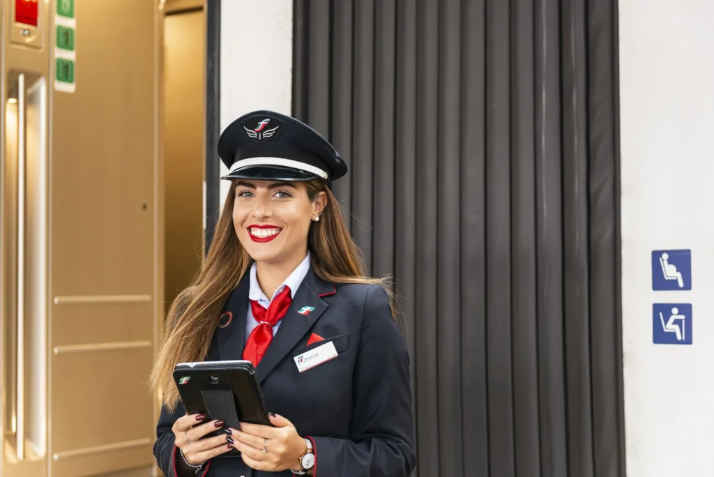 Contrôleuse Trenitalia souriante en uniforme bleu marine et cravate rouge tenant une tablette devant la porte d’un train.