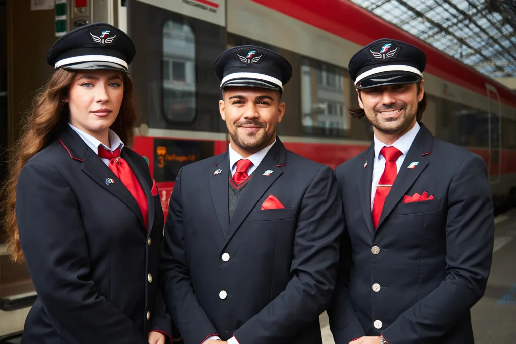 Trois agents de bord Trenitalia en uniforme bleu marine et cravate rouge posant souriants devant un train rouge et argent dans une gare couverte.