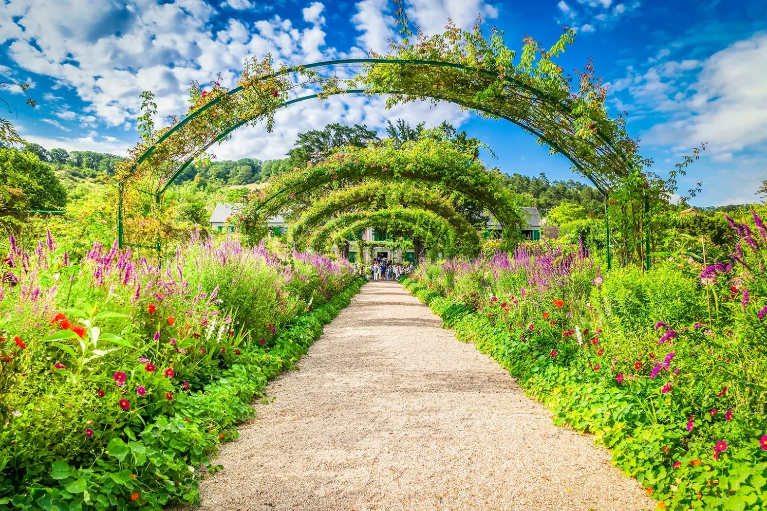 Jardins fleuris de la maison de Claude Monet à Giverny sous un ciel bleu et ensoleillé.