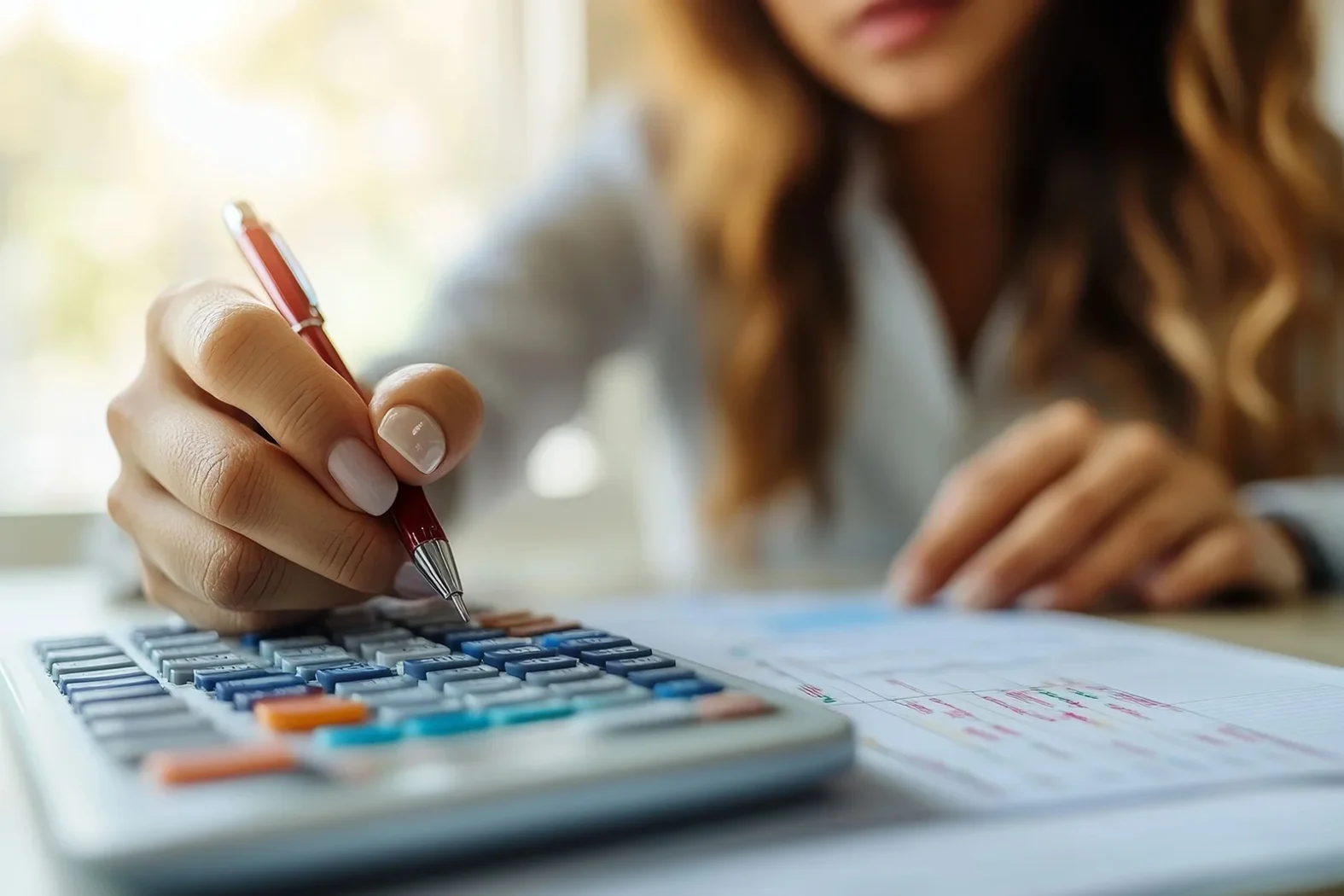 Main utilisant une calculatrice avec un stylo.