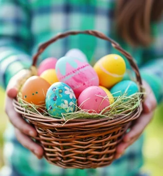 Panier d'œufs de Pâques colorés tenu dans les mains.
