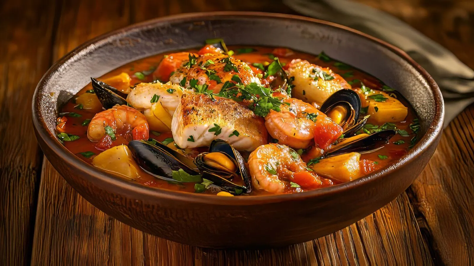 Assiette de bouillabaisse marseillaise avec poissons, crevettes et moules.