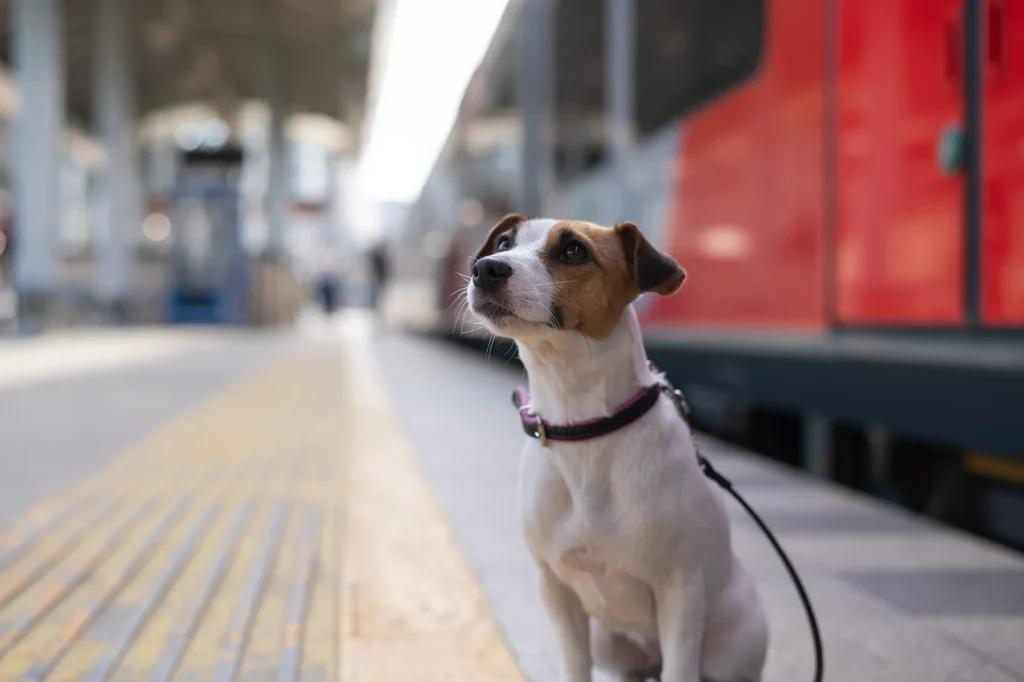 Chien en laisse sur un quai avant de monter dans un train Trenitalia