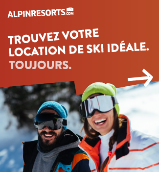 Publicité Alpinresorts montrant deux skieurs souriants en montagne avec le texte 