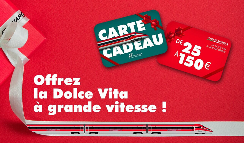 Publicité Trenitalia présentant des cartes cadeau Frecciarossa d’une valeur de 25 à 150 euros avec le slogan 