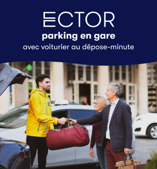 Publicité Ector montrant un voiturier en veste jaune aidant un voyageur à déposer ses bagages au service de parking en gare