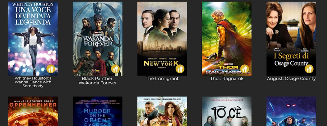 Catalogue de films disponibles à bord des trains Trenitalia, incluant Black Panther, Thor et Oppenheimer