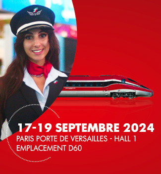 Affiche Trenitalia annonçant un événement à Paris Porte de Versailles en septembre 2024.