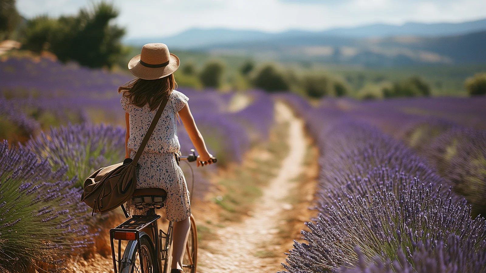 Femme à vélo parcourant un champ de lavande en fleurs dans le sud de la France