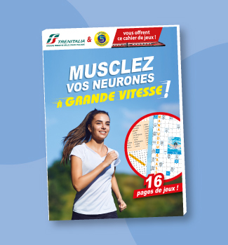Couverture d’un cahier de jeux Trenitalia intitulé « Musclez vos neurones à grande vitesse ! ».