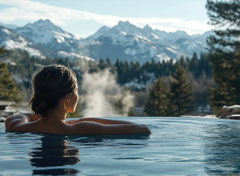 Femme se relaxant dans une piscine face aux montagnes enneigées.