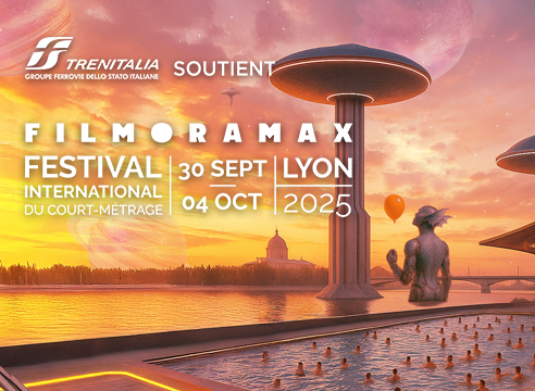 Affiche du Festival Filmoramax 2025 à Lyon, soutenu par Trenitalia.