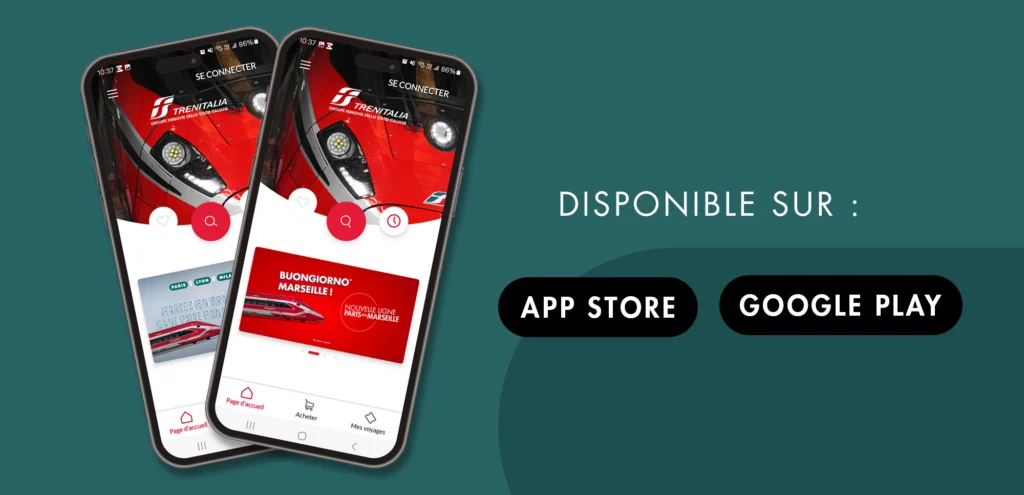 Visuel promotionnel de l’application mobile Trenitalia affichée sur deux smartphones, avec mention “Disponible sur App Store et Google Play” sur fond vert foncé.