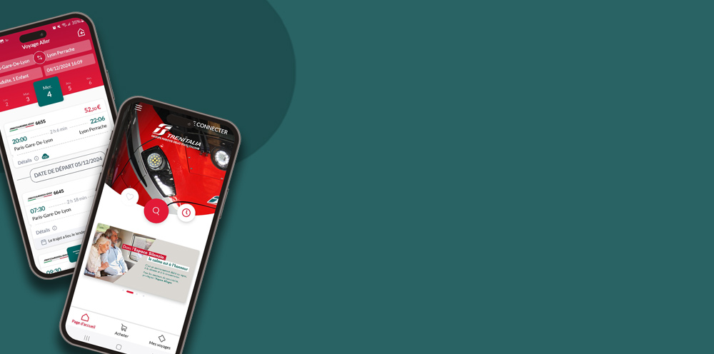 Visuel promotionnel de l’application mobile Trenitalia affichée sur deux smartphones